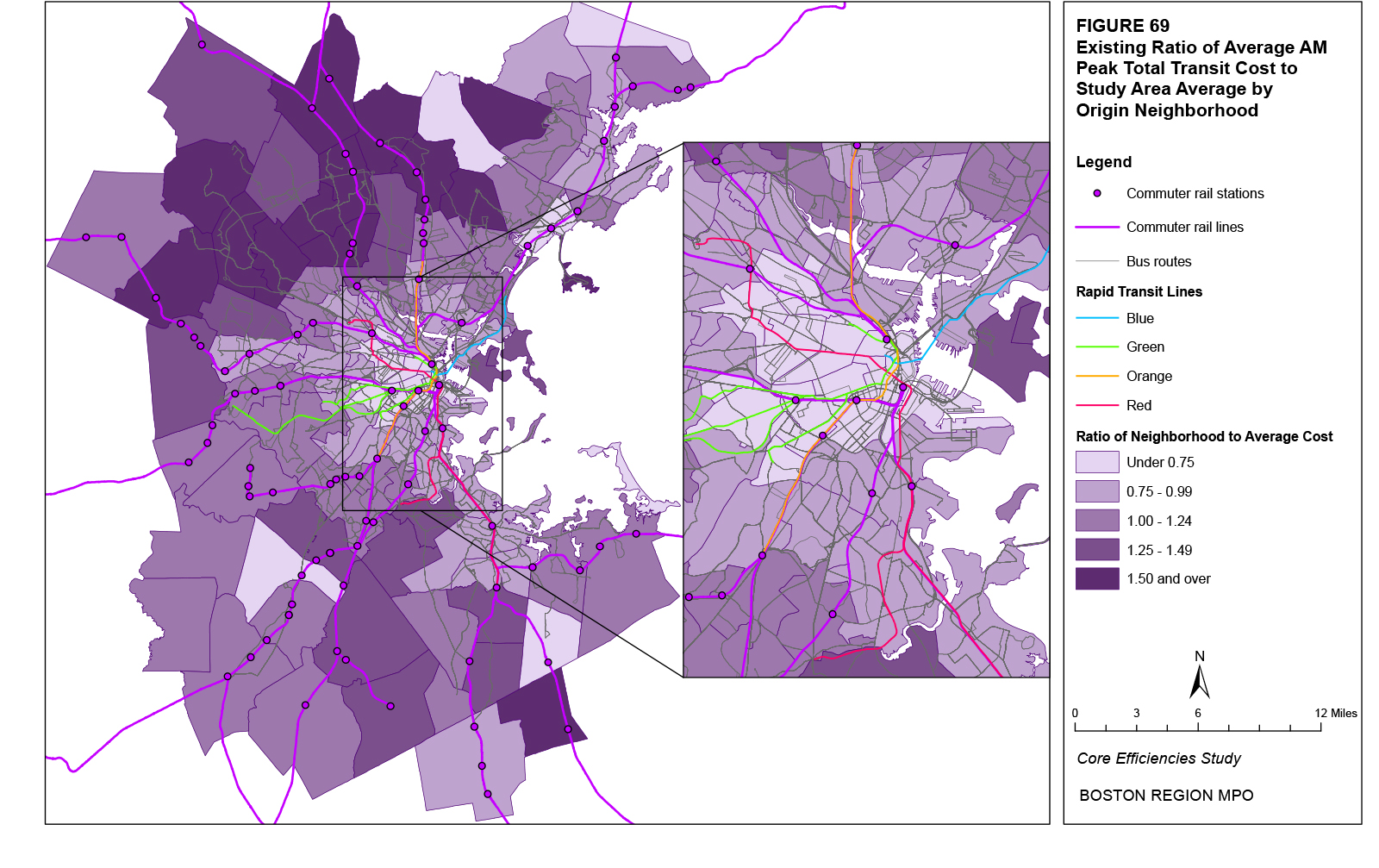 This map shows the existing average AM peak total transit costs for origin trips by neighborhood
